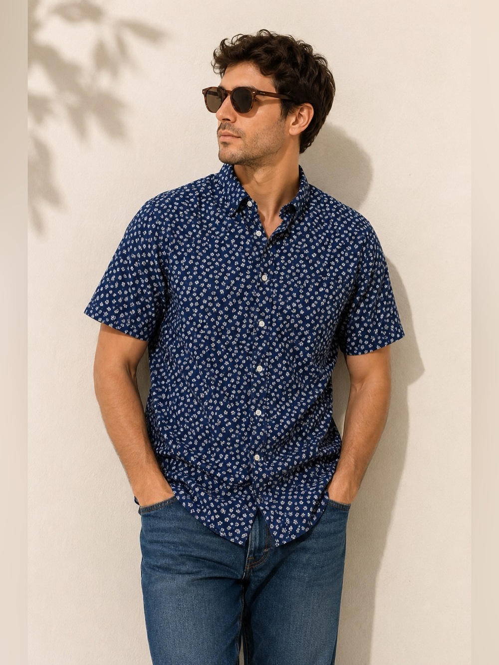 RICKY SINGH Denim & Flowers Size Large blue/white short sleeve shirt 100% Cotton